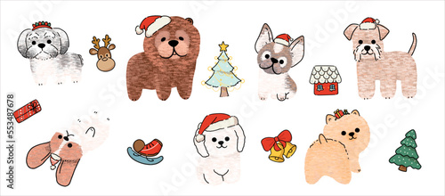 Fototapeta Naklejka Na Ścianę i Meble -  Cute dogs for Christmas day. Cartoon dog or puppy characters design collection with flat color in different poses. Set of funny pet animals isolated on white background.