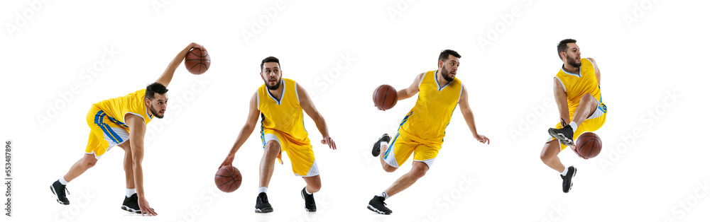 Collage. Active man, basketball player in yellow uniform playing, training isolated over white studio background Collage. Active man, basketball player in yellow uniform playing, training isolated over white studio background