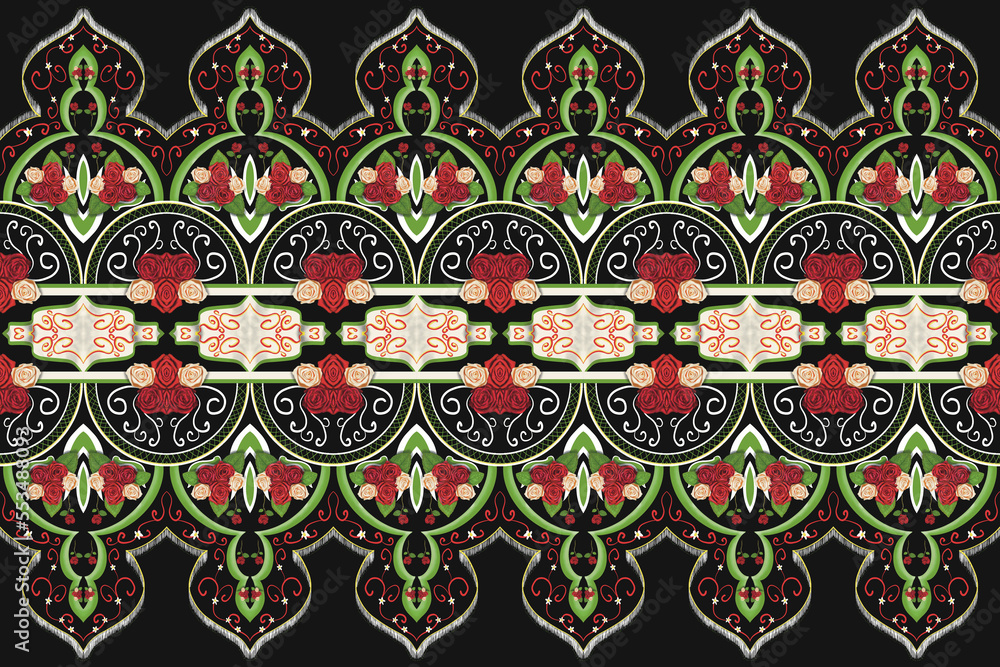 Ethnic Caftan Pattern Design with Red and Pink Roses on Black Background - For Tiles, Fabric and Wallpaper Ethnic Caftan Pattern Design with Red and Pink Roses on Black Background - For Tiles, Fabric and Wallpaper