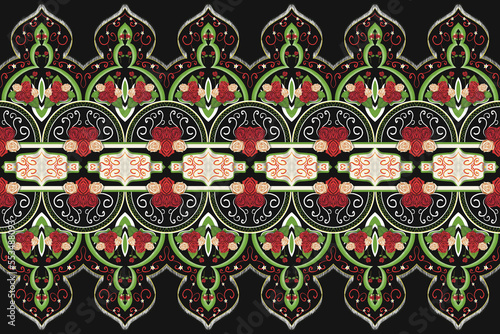 Photography Ethnic Caftan Pattern Design with Red and Pink Roses on Black Background - For T