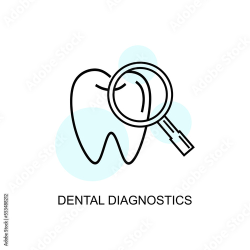 Dental diagnostics line icon with tooth and magnifier. Vector illustration 