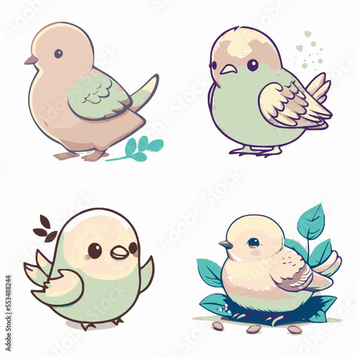 Set of cute kawaii doves