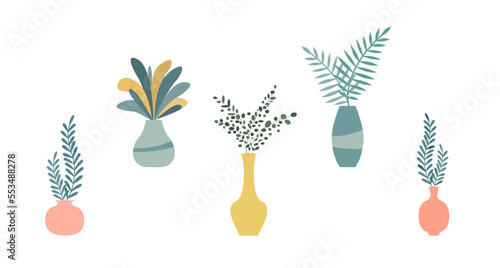 Set of cute Flowers and plants in vases. House plants in vases.