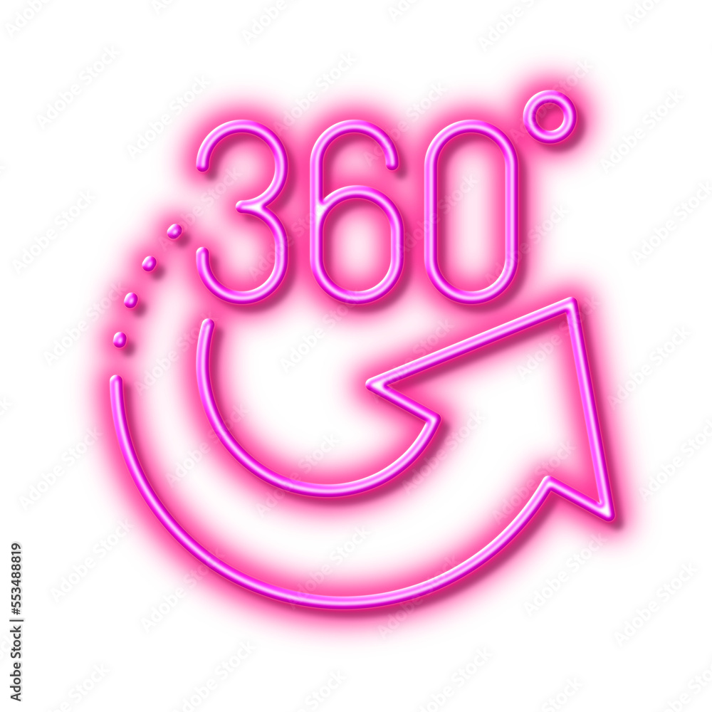 360 degrees line icon. VR simulation sign. Panoramic view. Neon light effect outline icon. 360 degrees line icon. VR simulation sign. Panoramic view. Neon light effect outline icon.