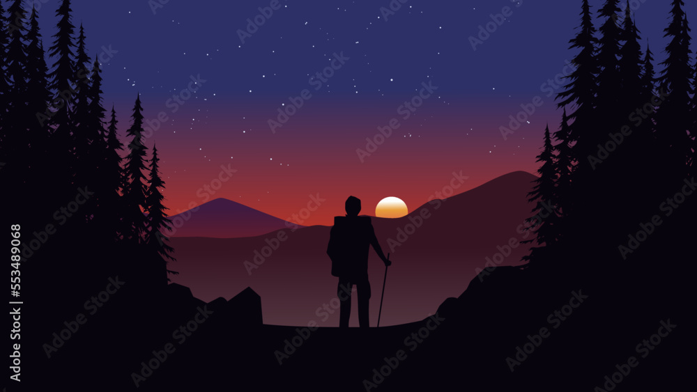 Amazing sunset in mountain forest with an explorer looking at the mountain