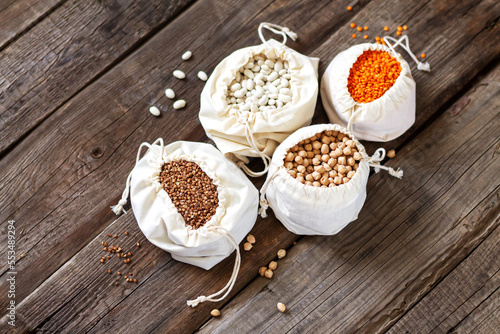 Grains bags lentils, chickpeas, buckwheat and beans