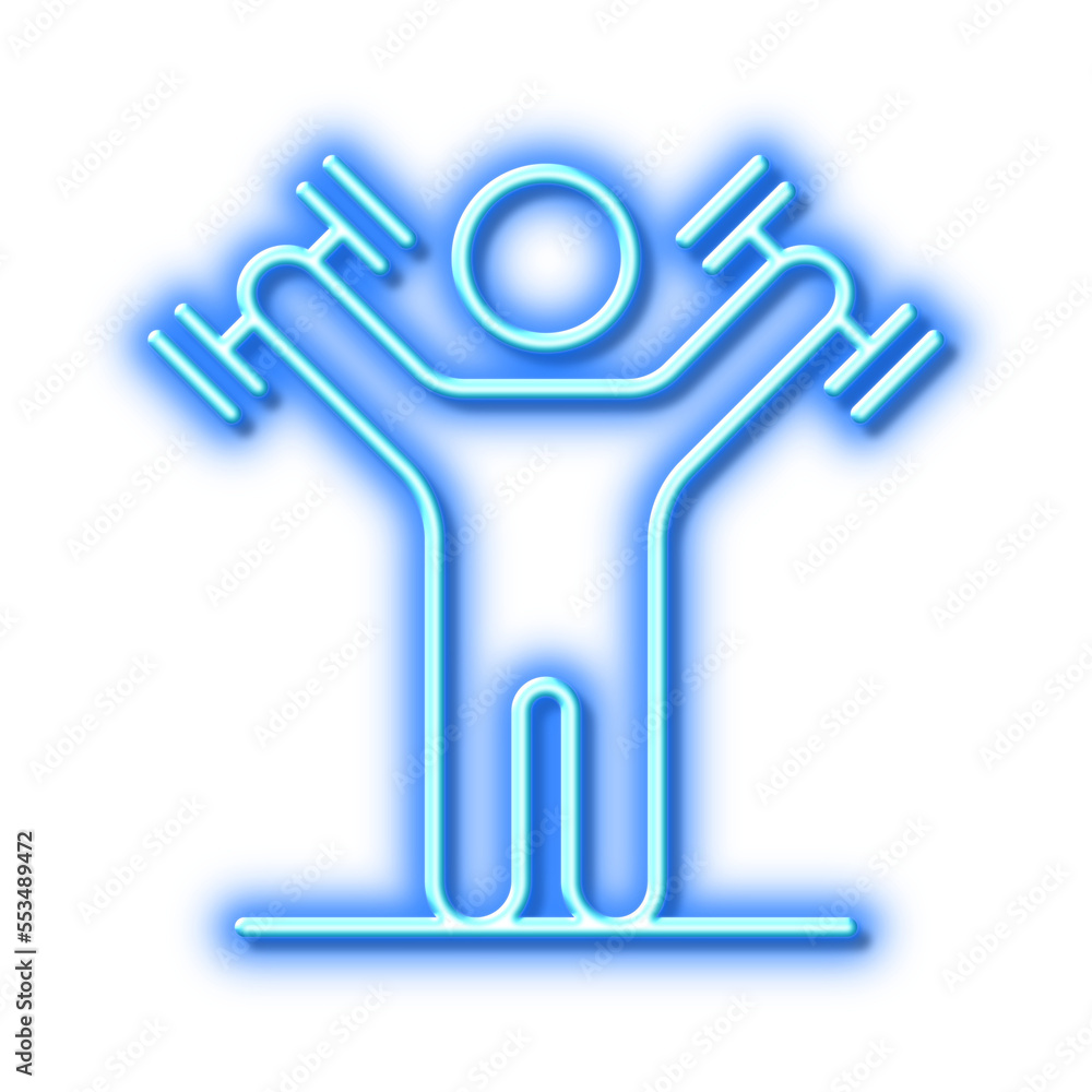 Man with Dumbbells line icon. Workout equipment sign. Neon light effect outline icon. Man with Dumbbells line icon. Workout equipment sign. Neon light effect outline icon.