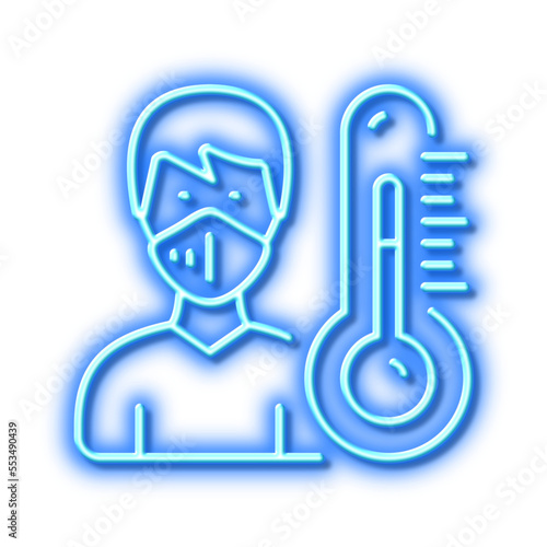 Thermometer line icon. Doctor with face mask sign. Neon light effect outline icon.