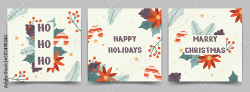 Hand drawn vector illustration. Winter Holiday greeting cards. Universal Merry Christmas templates with decorative Christmas Tree, floral background.