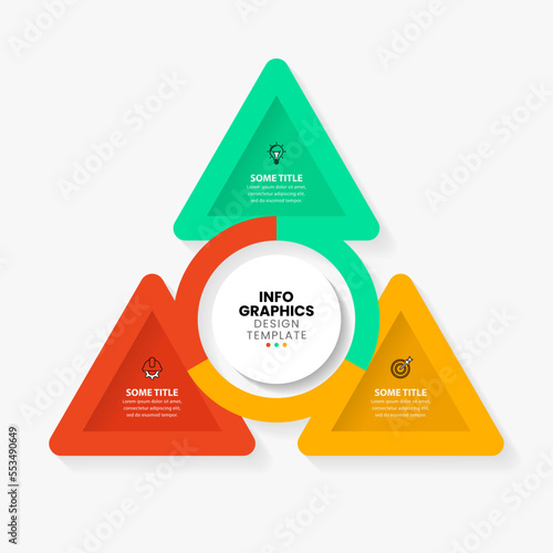 Infographic template. A triangle with 3 steps and a circle in the middle