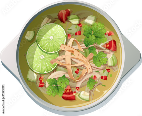 Lime soup with chicken, avocado, tomato, tortilla on a white background. Traditional Mexican food.Delicious and appetizing dish.