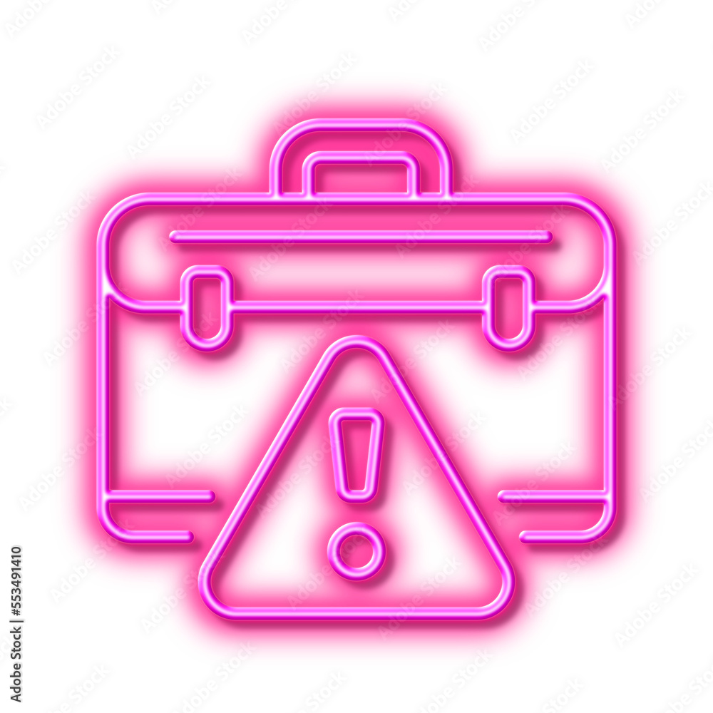 Warning briefcase line icon. Attention triangle sign. Neon light effect outline icon.