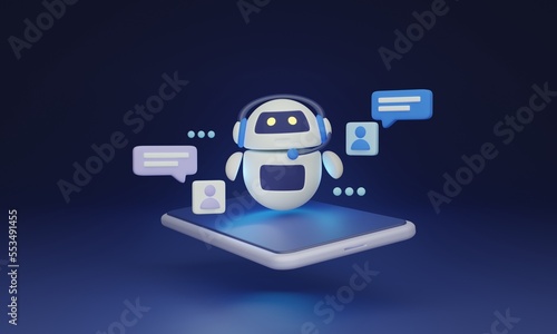 Chatbot 3D illustration concept. Chat GPT app that uses natural language processing to engage in conversation with users. It can assist with tasks, provide information, and help to automate processes. photo