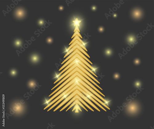 Merry Christmas and Happy New Year greeting design. Golden glowing christmas tree . Color vector illustration. © Helen 