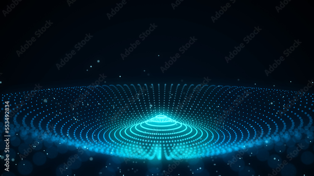 Fototapeta premium Futuristic wave. Dark cyberspace. Abstract sound wave with dots. White moving particles on a blue background. 3d rendering.