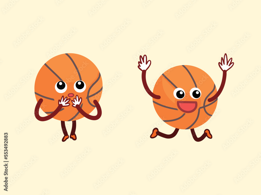 Basketball mascot sport ball character vector illustration set isolated on plain light yellow background. Comic style cartoon simple flat art styled artwork. Basketball mascot sport ball character vector illustration set isolated on plain light yellow background. Comic style cartoon simple flat art styled artwork.