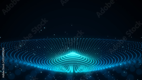 Futuristic wave. Dark cyberspace. Abstract sound wave with dots. White moving particles on a blue background. 3d rendering.