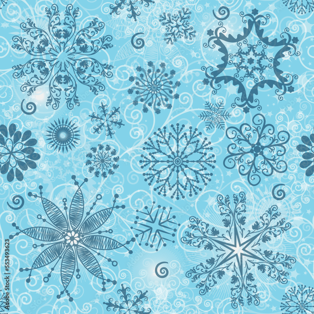 Vector blue seamless christmas pattern with snowflakes and curls Vector blue seamless christmas pattern with snowflakes and curls