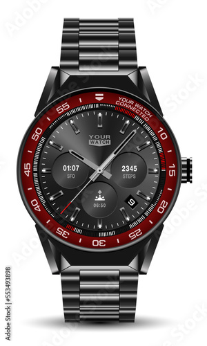 Realistic watch clock chronograph black red grey stainless steel design modern luxury fashion object for men on white background vector