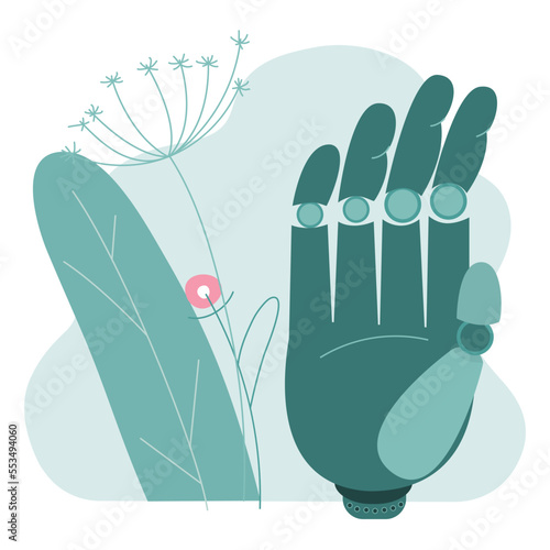 The vector illustration with BIONIC engineering, titanium implant or prosthesis hand. Medicine technology of future.