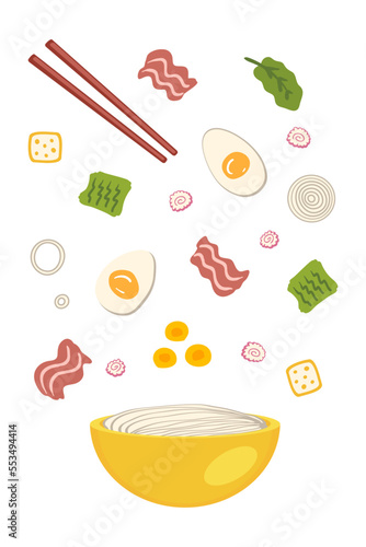 Tonkotsu asian ramen soup ingredients falling into a bowl of noodles. Perfect for tee, stickers, menu and stationery. Vector illustration for decor and design.