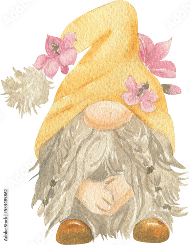 Watercolor illustration of a gnome with pigtails on his beard and flowers on his hat