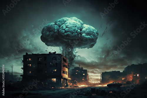 Mushroom cloud after atomic bomb explosion in city. Generative AI. photo