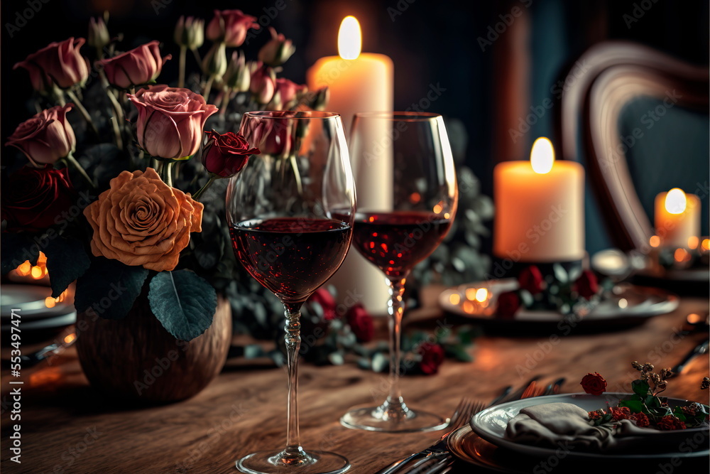 Lovers Celebrating Anniversary Or Valentine's Day Romantic Dinner.Two glasses of red wine and candles on the wooden desk.