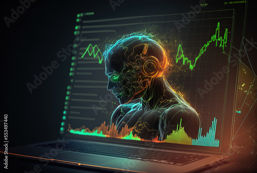laptop in hands, luminous head outline, and interface of a forex chart. Generative AI