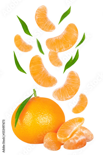 Levitation of tangerines and leaves isolated on a transparent background.