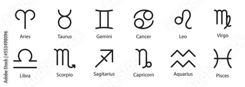 Horoscope icons. Zodiac signs with captions. Vector EPS 10