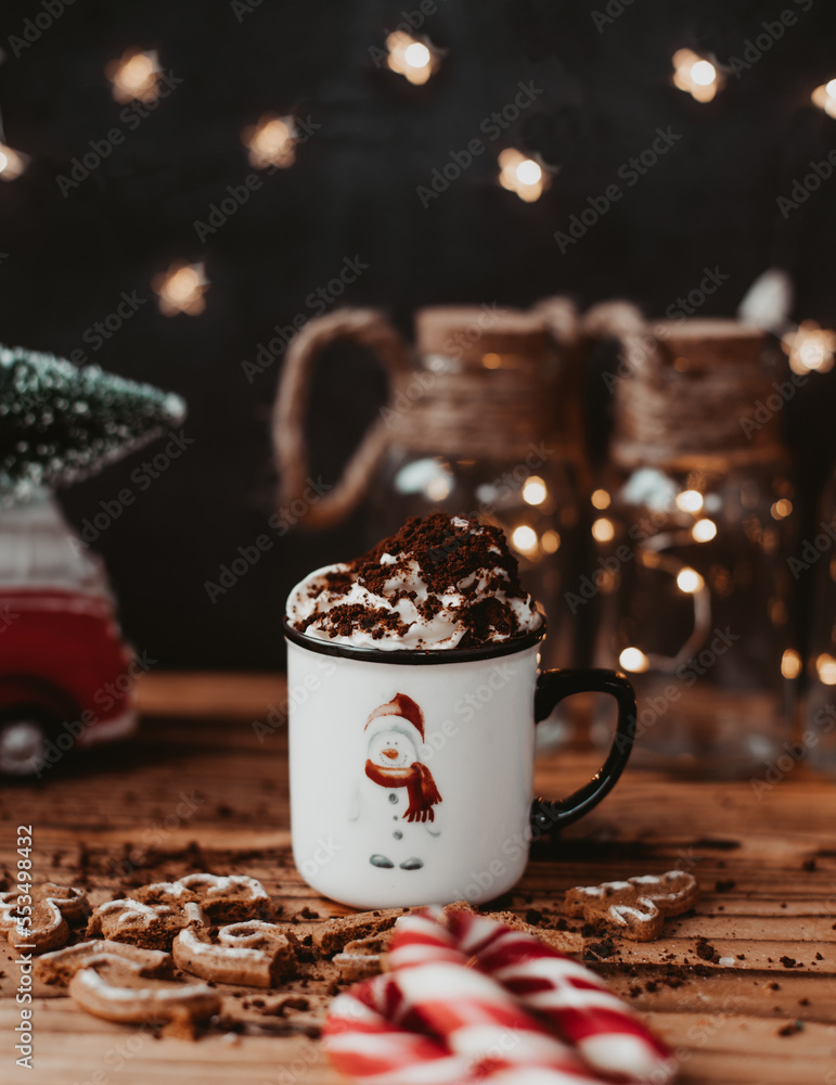 Coffe in christmas mug with cream on the wood backround - obrazy, fototapety, plakaty 