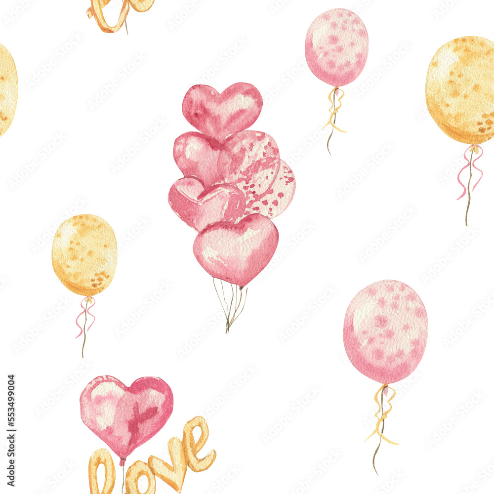 Seamless pattern of watercolor illustrations with heart shaped balloons
