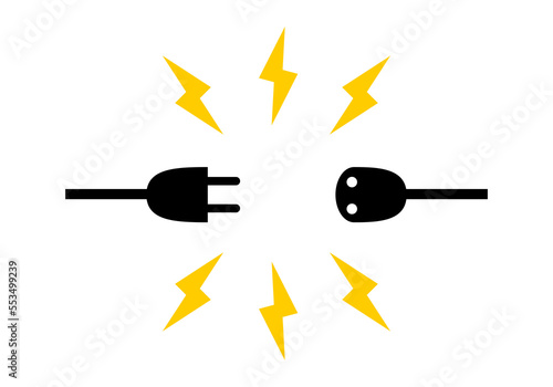 Black plug and socket electric disconnection with yellow electric short circuit sparks flat vector icon design.	