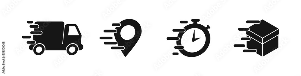 Express delivery, fast delivery icon set. Truck, map pin, stopwatch and box icon. Vector EPS 10