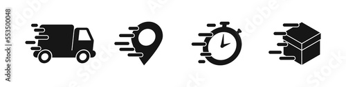 Express delivery, fast delivery icon set. Truck, map pin, stopwatch and box icon. Vector EPS 10