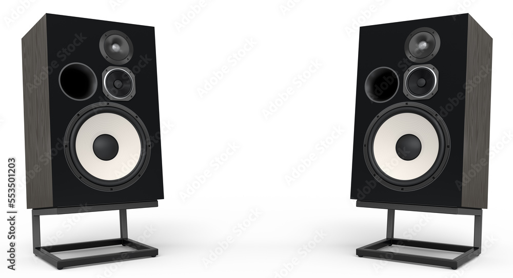 Hi-fi speakers with loudspeakers on stand on white background.