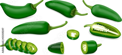 Set with whole, half, quarter, slices, and wedges of Green Jalapeno chili peppers. Jalapeno. Capsicum annuum. Chili pepper. Vegetables. Vector illustration isolated on white background. photo
