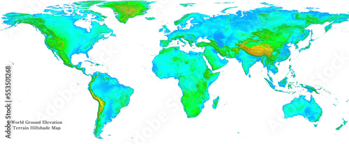Fototapeta Naklejka Na Ścianę i Meble -  World Ground Elevation Terrain Hillshade Map in vector HD quality rainbow color gradient