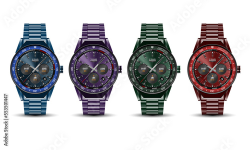 Realistic watch clock chronograph blue purple green red grey stainless steel collection set on white design modern luxury fashion object for men on white background vector
