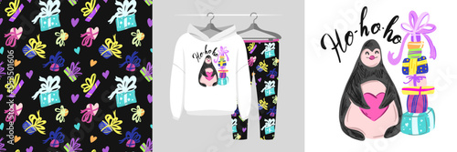 Seamless pattern and illustration set of Christmas penguins with gifts and Ho ho ho text. Cute design pajamas on a hanger. Baby background for apparel, room decor, tee prints, fabric design, wrapping
