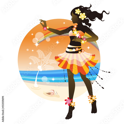 Silhouette of tanned  hula girl dancer with Hawaiian background