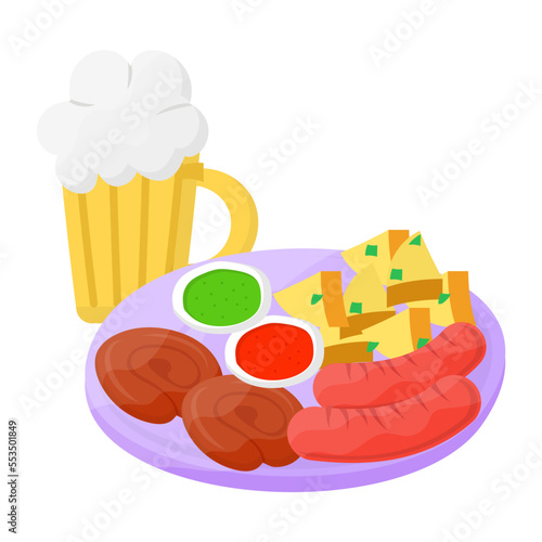 Jumbo Hot Dog Curd Cheese Plate concept, Oktoberfest Sausage Platter vector icon design, Fast Food symbol, Junk food sign, popular inexpensive good taste snacks stock illustration 