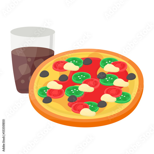 traditional pizza with cola concept, Italian staple Flatbread vector icon design, Fast Food symbol, Junk food sign, popular inexpensive good taste snacks stock illustration 