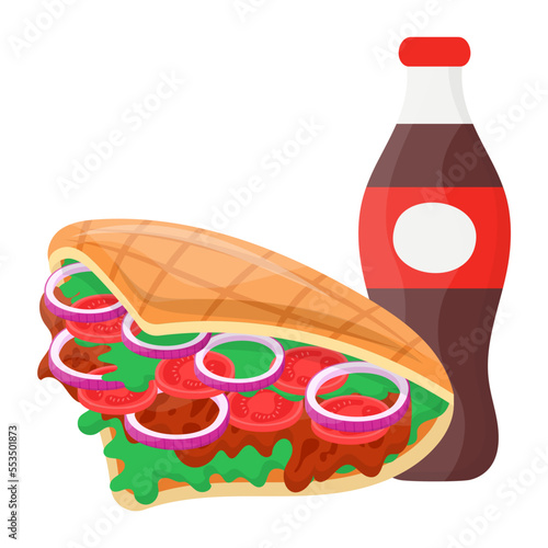 Doner kebab with soda concept, Dooner kabab as a sandwich vector icon design, Fast Food symbol, Junk food sign, popular inexpensive good taste snacks stock illustration 