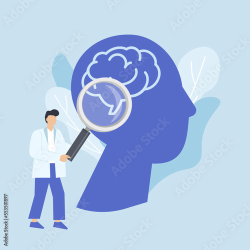 Mental health. Doctor with a magnifying glass examines a human silhouette with a brain on a blue background