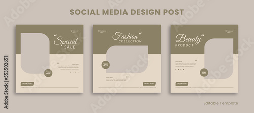 Set of 3 Editable Templates Social Media Instagram Design Post with Pastel and Aesthetic Style. Suitable for Sale Banner, Branding, Promotion, Presentation, Advertising, Fashion, Beauty, bakery