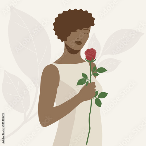 A young beautiful dark-skinned woman in a light dress holds a rose. Vector illustration for your design