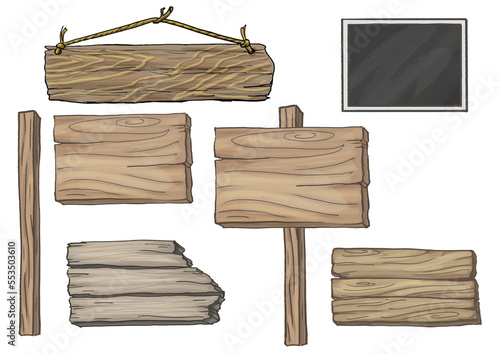 Set of illustrations of wooden signboards. Place for text. Advertising sign. wooden stands