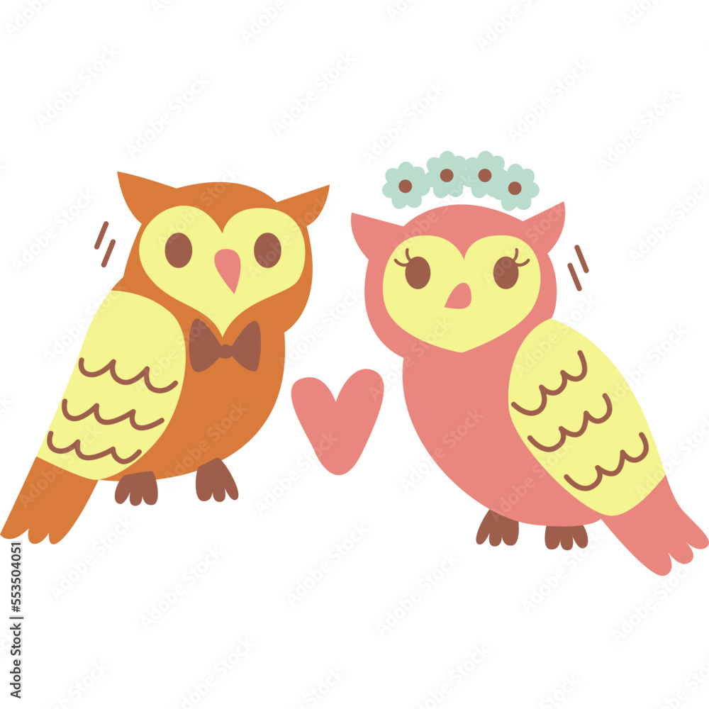 little owl couple and heart, loving each other very much. Owl couple getting married. Two owls love each other and have hearts. for decorating the wedding ornament for valentine's day. Animal lovers.